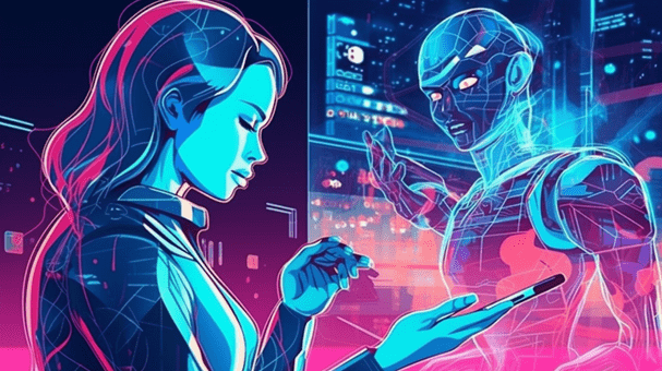 Uma mulher utilizando um assistente virtual de IA em seu smartphone